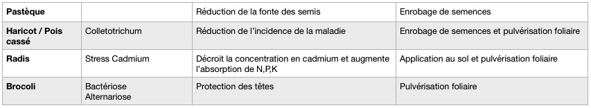 Tableau résultats des études scientifiques sur l'application de chitosan sur le potager